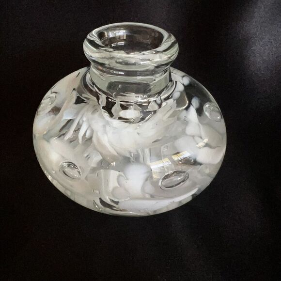 Vintage Joe St. Clair Art Glass White Clear Flower Paperweight Candle Holder - Picture 2 of 8